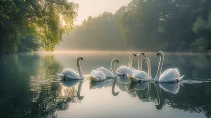  A group of waterfowl with graceful swans glide on the lake © Yuchen
