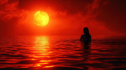 Illustration of a silhouette of a girl in the sea against the light of a red setting sun almost merged with the horizon