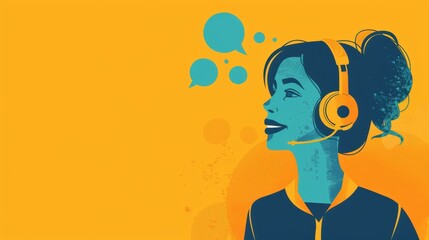 A minimalist illustration of a customer service representative with a headset displaying a friendly smile and chat bubbles - obrazy, fototapety, plakaty