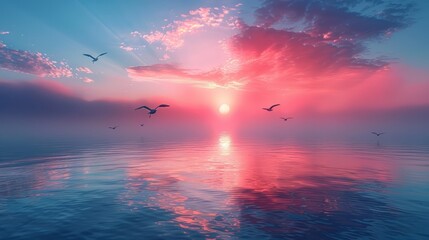 Birds soar under a sunset sky reflected on the tranquil water