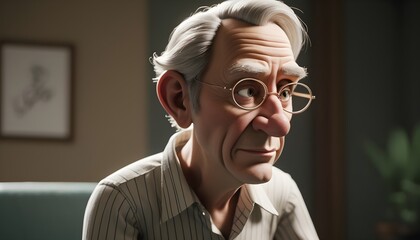 Thoughtful Elderly Man in Animated Movie - obrazy, fototapety, plakaty
