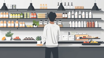 A minimalist illustration of an employee arranging products on a shelf with precision