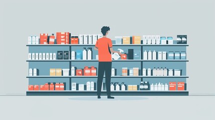 A minimalist illustration of an employee wiping shelves with a disinfectant - obrazy, fototapety, plakaty