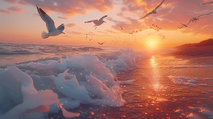 Photo sur Plexiglas Coucher de soleil sur la plage A flock of seagulls soaring through the sky over the water at sunset