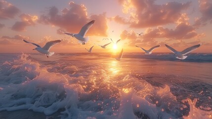 A flock of seagulls soar through the dusk sky over the ocean - obrazy, fototapety, plakaty
