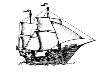 Vintage sailing ship engraving PNG illustration with transparent background