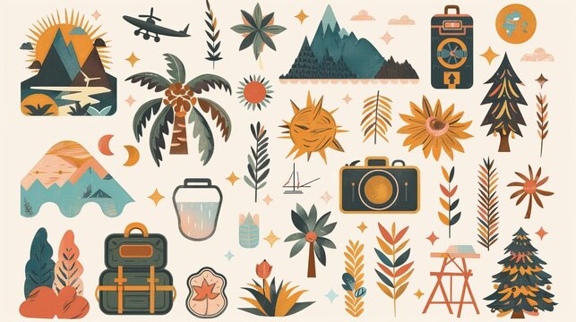 A charming collection of travel-themed patches and stickers, featuring summery or autumnal vector illustrations, is presented