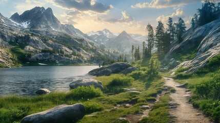 Image of trail winding through the mountains near a tranquil lake. - obrazy, fototapety, plakaty
