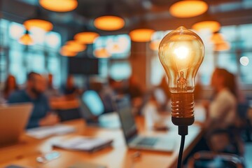 Creative Business Brainstorming Session in Modern Office with Lit Light Bulb Representing Ideas and Innovation