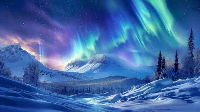 Image of the northern lights shines above the snow mountains.