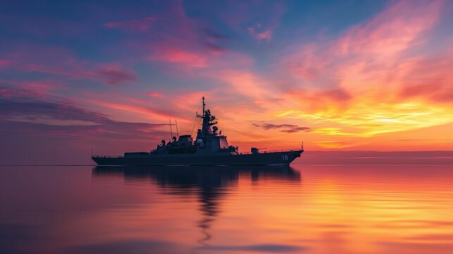 Image of warship sailing through the vast ocean at sunset.