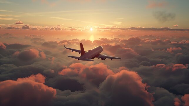 A commercial jetliner is shown flying above dramatic clouds at sunset, providing a picturesque backdrop for the concept of flight travel and transportation