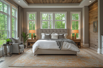 Luxury home modern bedroom with large windows and area rug