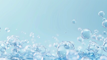 Water bubbles on blue background, clear and bright, modern minimalist design. Copy space