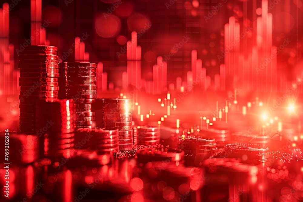 Poster vibrant abstract red financial graph background with coins and bokeh lights for economic data repres