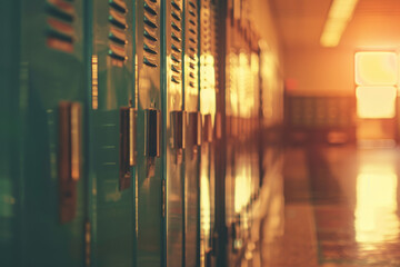Row of school lockers, teal tone, contemporary color grading, blurred foreground and background. School backgrounds concept - obrazy, fototapety, plakaty