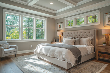 Luxury home modern bedroom with large windows and area rug
