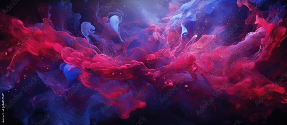 Poster red and blue liquid swirling in the air, creating a mesmerizing and dynamic pattern of colors