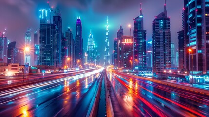 Fototapeta na wymiar A nighttime scene in Dubai downtown reveals the city's stunning modern architecture and vibrant lights, symbolizing luxury travel and tourism in the UAE
