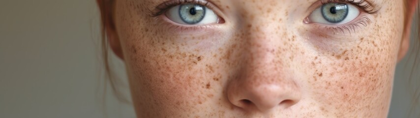 Close-up of a person with freckles and blue eyes - obrazy, fototapety, plakaty