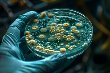 A person is holding a petri dish filled with electric blue bacteria. The circular pattern resembles a fashion accessory. The mix of water, terrestrial plants, and metal creates an artistic display