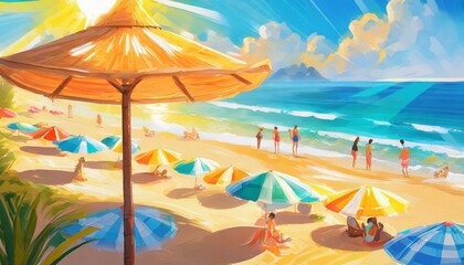 A digital art piece of a vibrant summer beach scene, bright sunshine, people enjoying