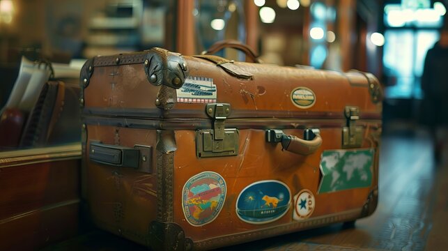 A retro suitcase adorned with travel stickers evokes a sense of nostalgia and the spirit of adventure, reminiscent of past travels