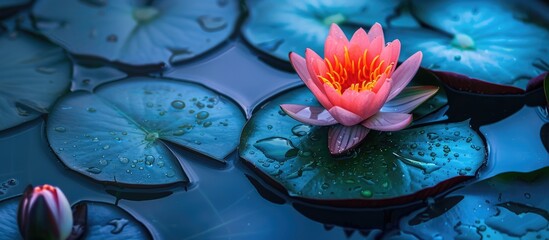 Vibrant waterlily flower perched on lily pad in a pond
