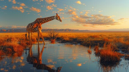 Giraffidae standing in water at dusk in natural landscape