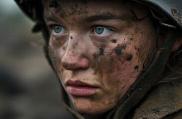 Close-up of a person with a dirt-smeared face wearing a helmet - obrazy, fototapety, plakaty