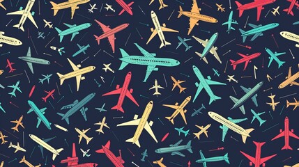 A seamless background filled with airplane destinations invokes the concept of adventure time, suggesting continuous travel possibilities