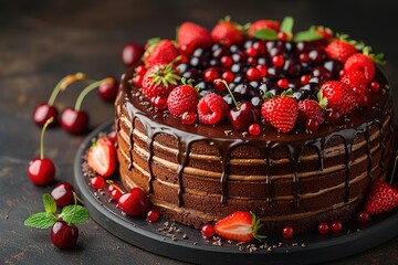 Traditional homemade chocolate cake sweet pastry dessert with brown icing, cherries, raspberry