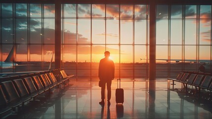 A serene moment is captured as a calm male tourist stands in an airport, gazing at a flight through the window during sunset, with tickets and a suitcase in hand