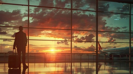 A serene moment is captured as a calm male tourist stands in an airport, gazing at a flight through the window during sunset, with tickets and a suitcase in hand