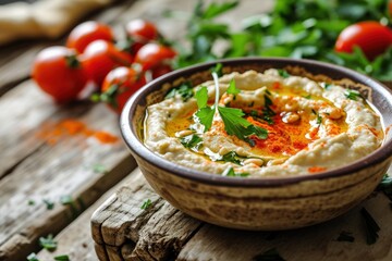 Homemade hummus in a rustic bowl garnished with parsley and pine nuts - obrazy, fototapety, plakaty