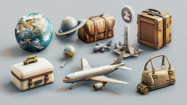 A set of 3D realistic decorative elements, including a map, road sign, airplane, planet, and suitcase, offers a collection of travel-themed illustrations