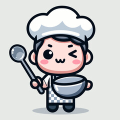 vector cute chef boy holding frying pan and spatula kawaii cartoon