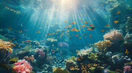 Fototapeta na wymiar Ocean with a sunlit coral reef underwater view.