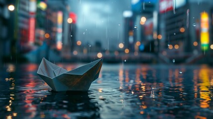 Paper boat floats gracefully on a rain pond.
