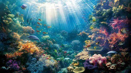 Ocean with a sunlit coral reef underwater view.
