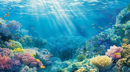 Ocean with a sunlit coral reef underwater view.