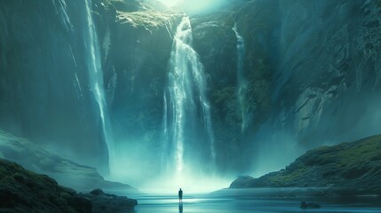 Person standing in front of a majestic waterfall. - obrazy, fototapety, plakaty