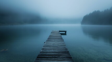 Quiet lake with a wooden pier disappearing into the mist. - obrazy, fototapety, plakaty