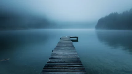 Meubelstickers Quiet lake with a wooden pier disappearing into the mist. © kept