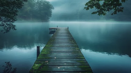Türaufkleber Quiet lake with a wooden pier disappearing into the mist. © kept