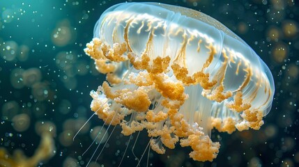 Closeup of electric blue jellyfish swimming underwater - obrazy, fototapety, plakaty