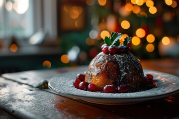 Traditional Christmas Pudding on Festive Background - obrazy, fototapety, plakaty