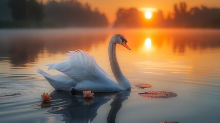 A waterfowl glides in the lake under the sunset light - obrazy, fototapety, plakaty