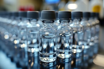 A stack of plastic bottles filled with mineral water, arranged on a table as drinkware. Each bottle holds refreshing drinking water, ready to quench your thirst - obrazy, fototapety, plakaty