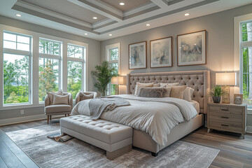 Luxury home modern bedroom with large windows and area rug